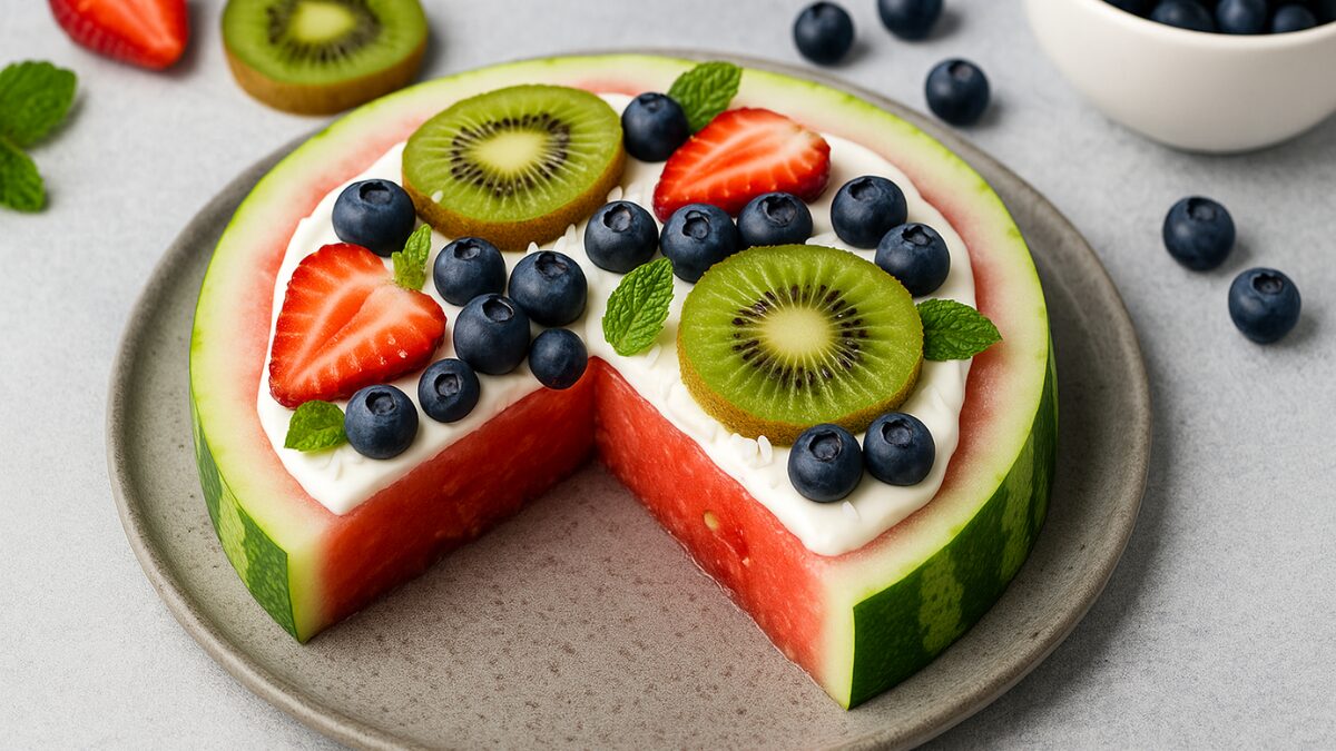 Frozen watermelon pizza topped with yogurt, strawberries, blueberries, and kiwi