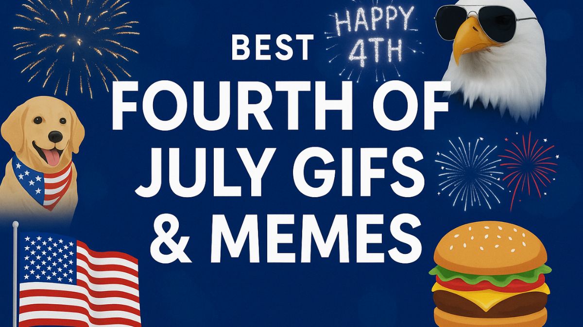 Happy Fourth of July GIF compilation banner with fireworks and patriotic symbols