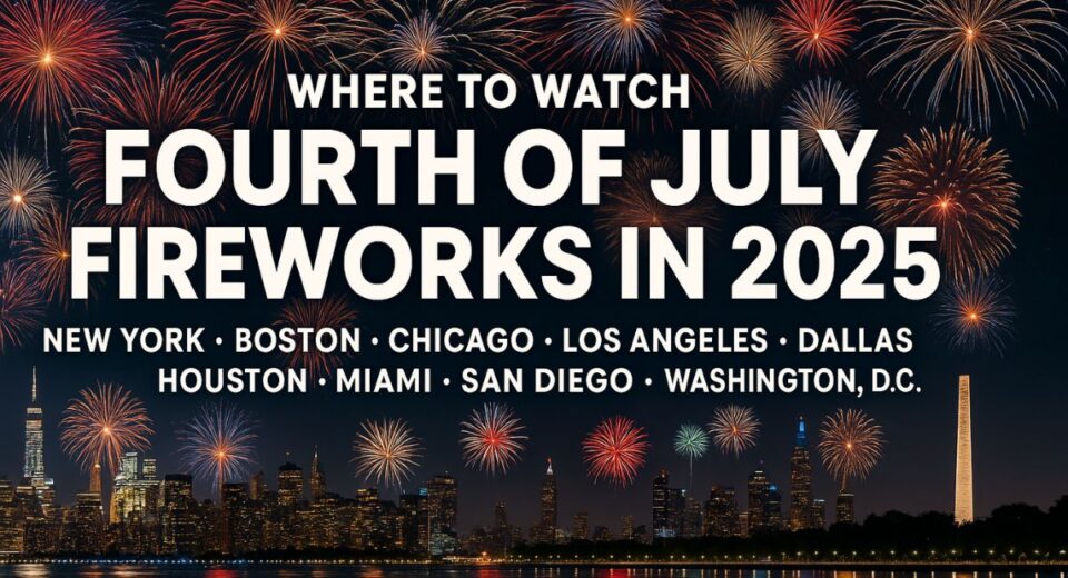 Fourth of July 2025 fireworks exploding over major U.S. city skylines