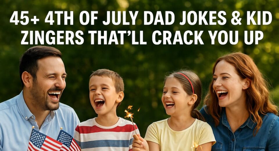 Family laughing at 4th of July picnic with American flags and sparklers