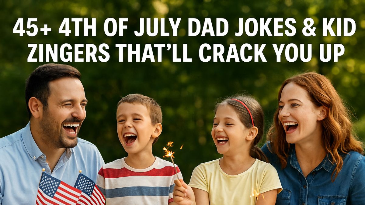 Family laughing at 4th of July picnic with American flags and sparklers