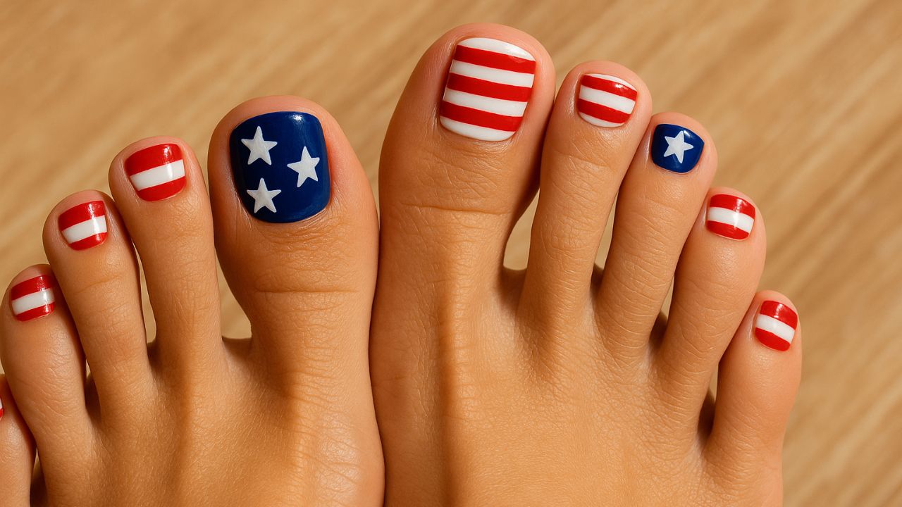4th of July toenail designs with stars and stripes in red, white, and blue