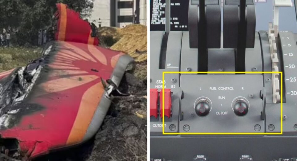 Air India crash site with burned tail section and cockpit fuel control switches