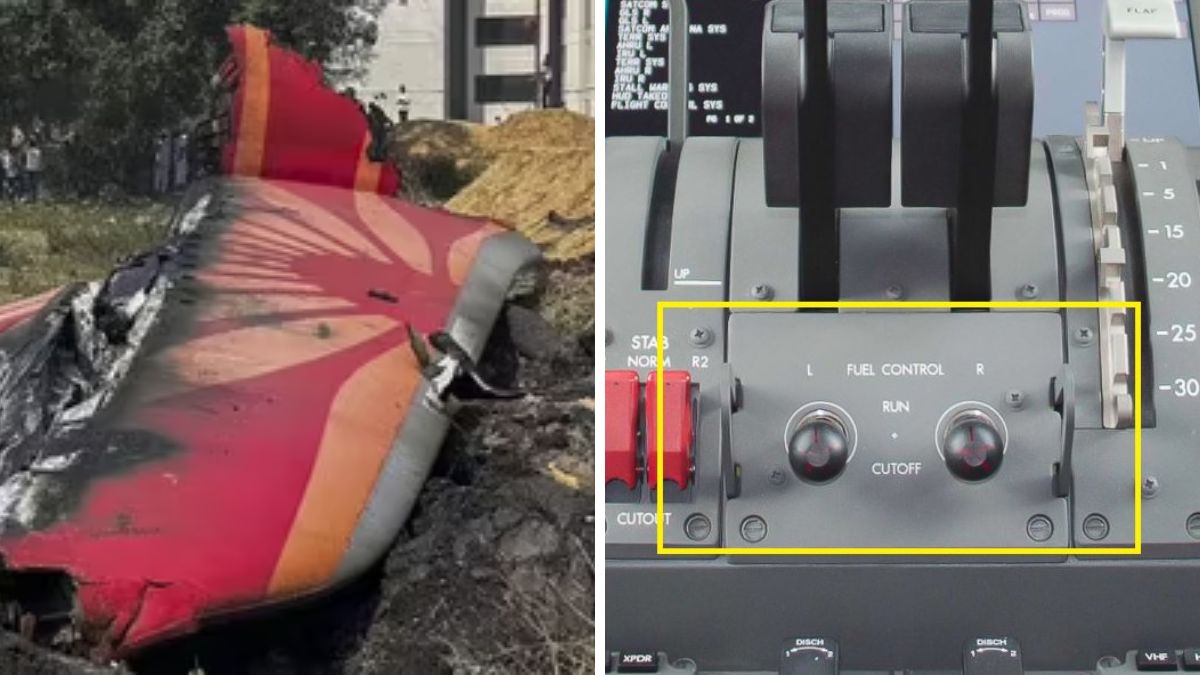 Air India crash site with burned tail section and cockpit fuel control switches