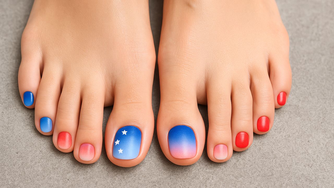 Ombre flag fade toenail art in red, white, and blue