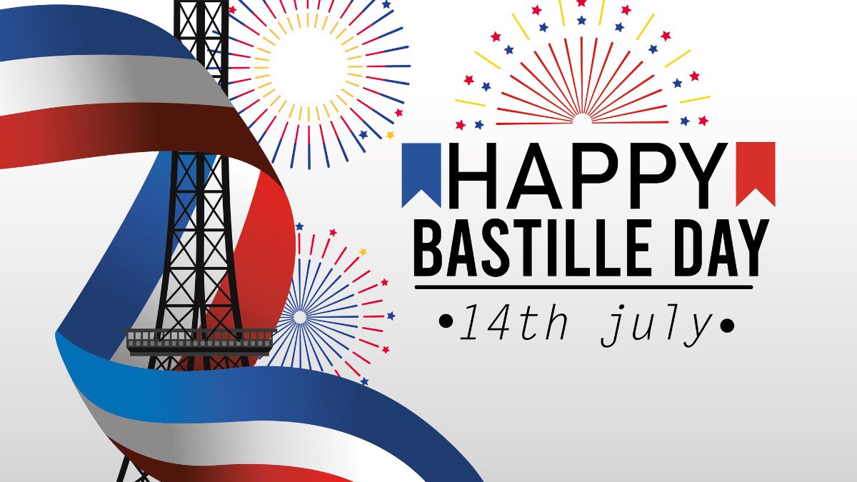 Eiffel Tower with French flag ribbon and fireworks for Bastille Day