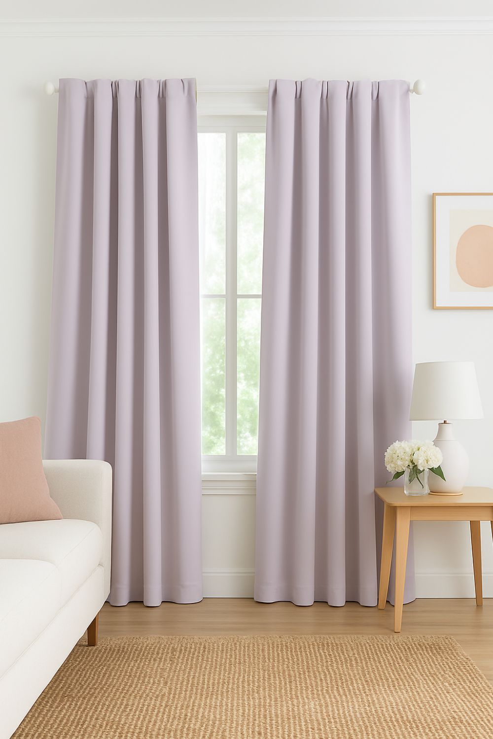 Soft pastel lavender blackout curtains in a modern living room