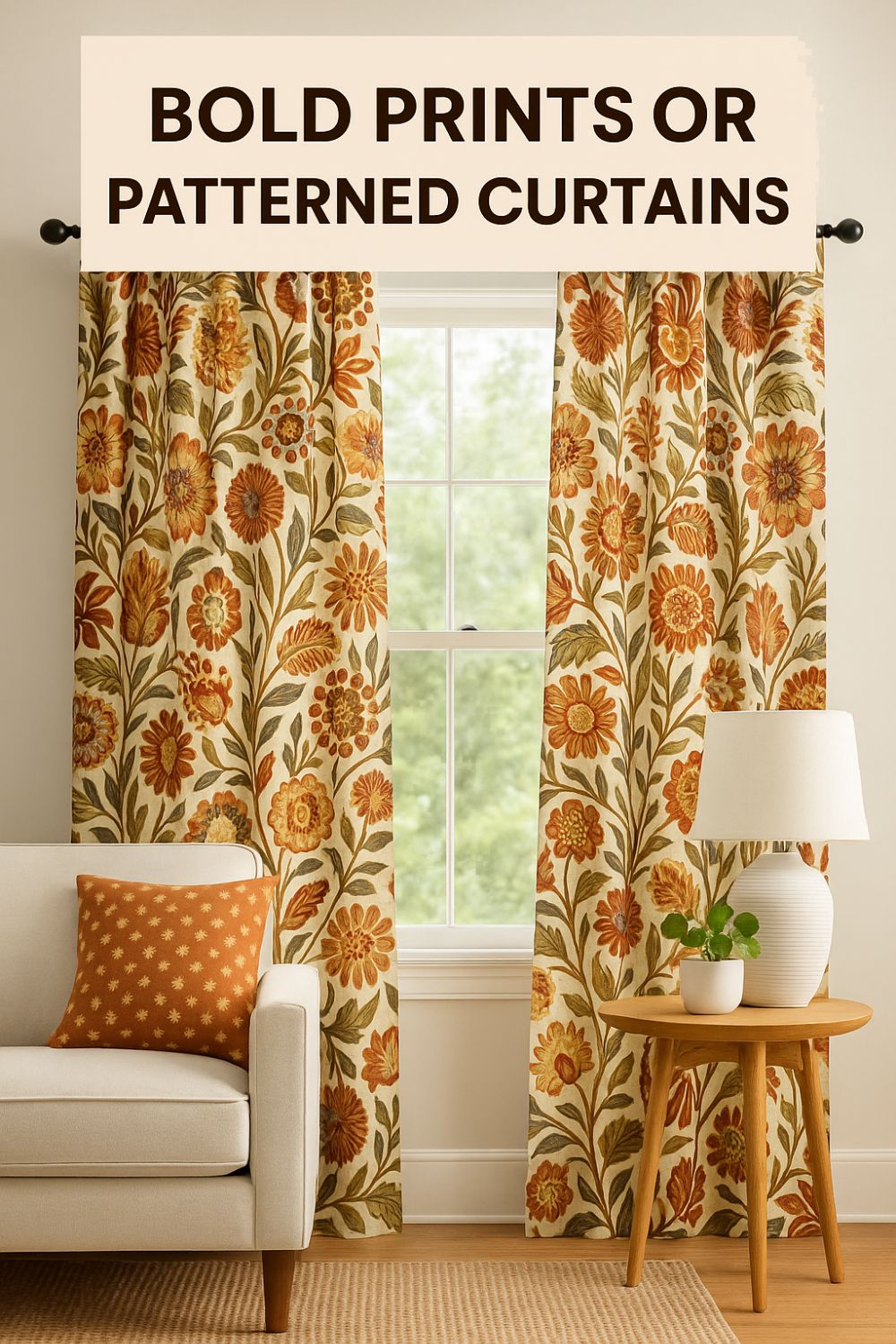 Bold floral print curtains in a cozy living room with a neutral sofa and wooden side table