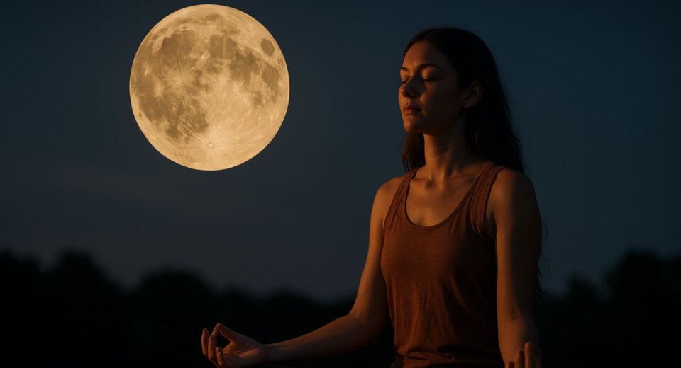 Woman manifesting under full Buck Moon with candle and journal