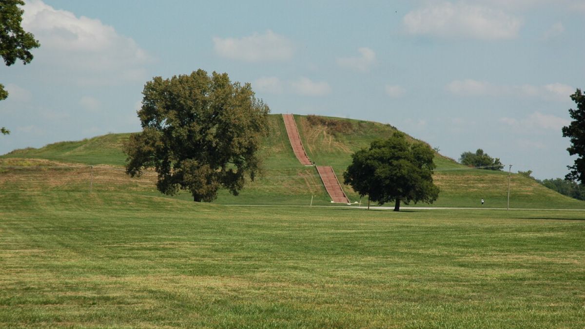 View of Monks Mound at Cahokia Mounds State Historic Site with a staircase leading to the top