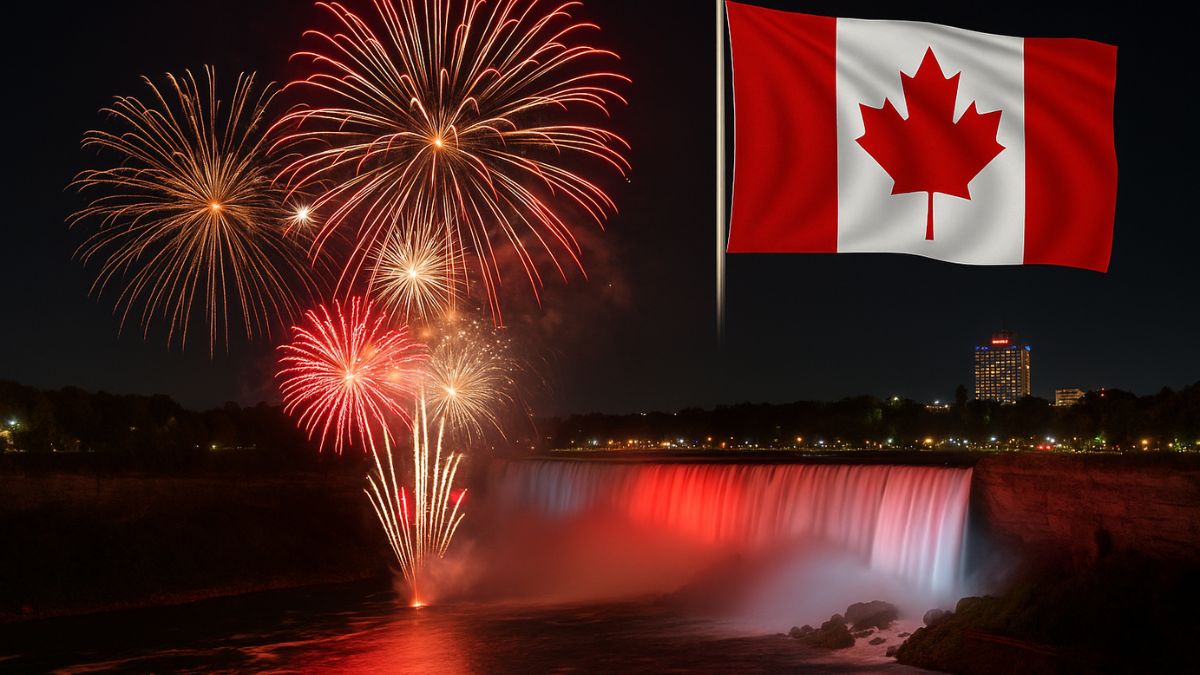 Fireworks over Niagara Falls on Canada Day 2025 with Canadian flag