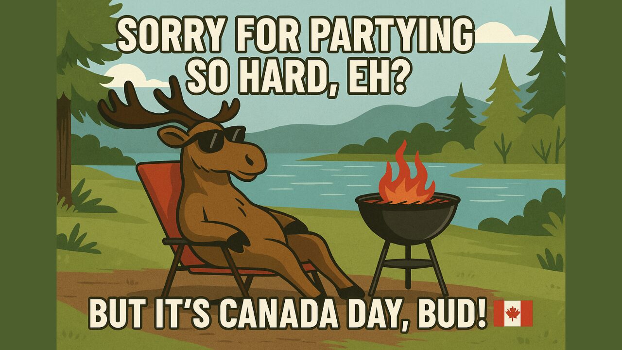 Funny Canada Day meme featuring a moose in sunglasses relaxing by a BBQ
