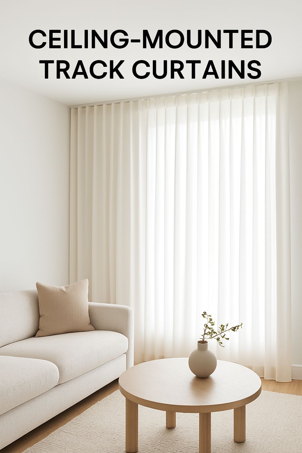 Ceiling-mounted track curtains in a minimalist living room with soft natural light