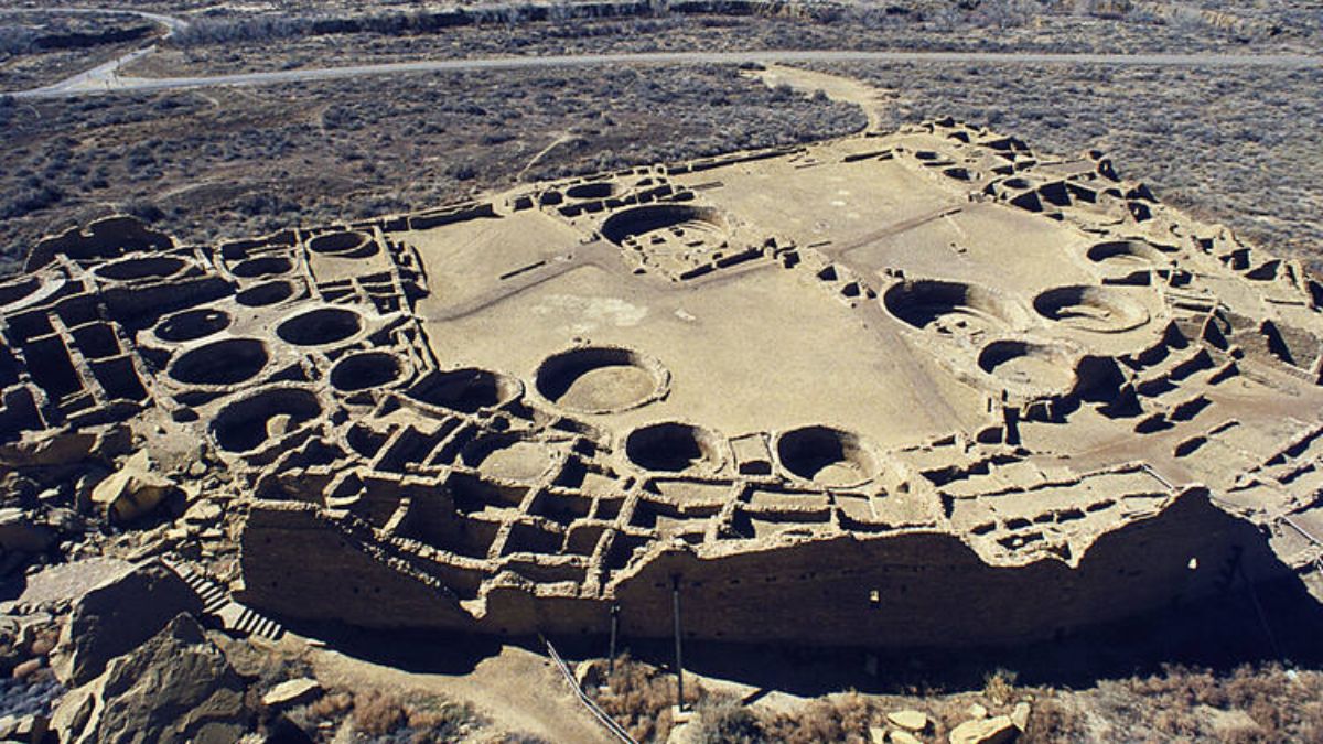 Aerial view of Chaco Culture National Historical Park showing ancient circular kivas and stone architecture