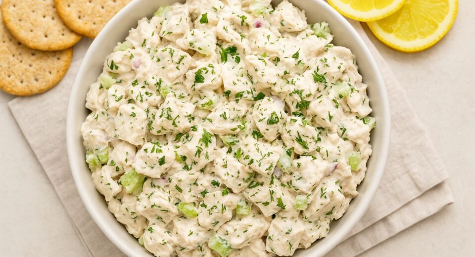 Bowl of creamy chicken salad with herbs and crackers