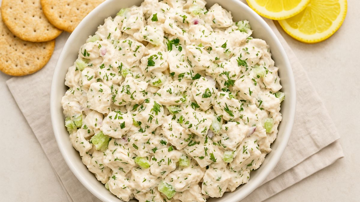 Bowl of creamy chicken salad with herbs and crackers