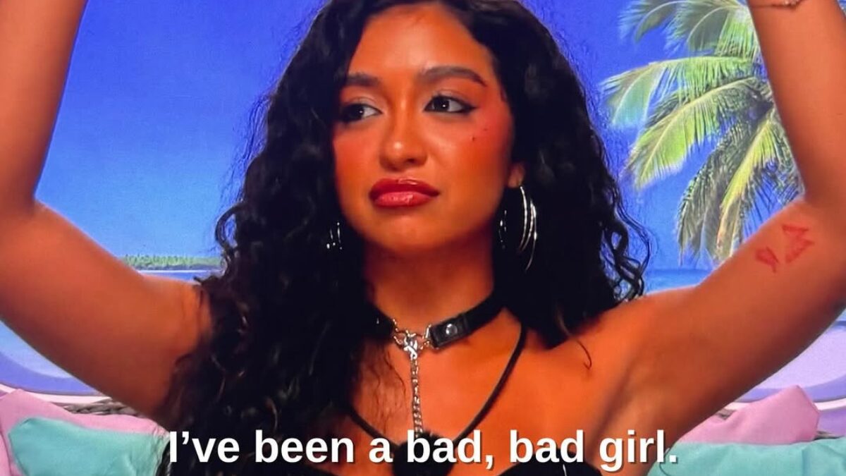 Cierra Ortega raises arms on Love Island USA in a confessional scene