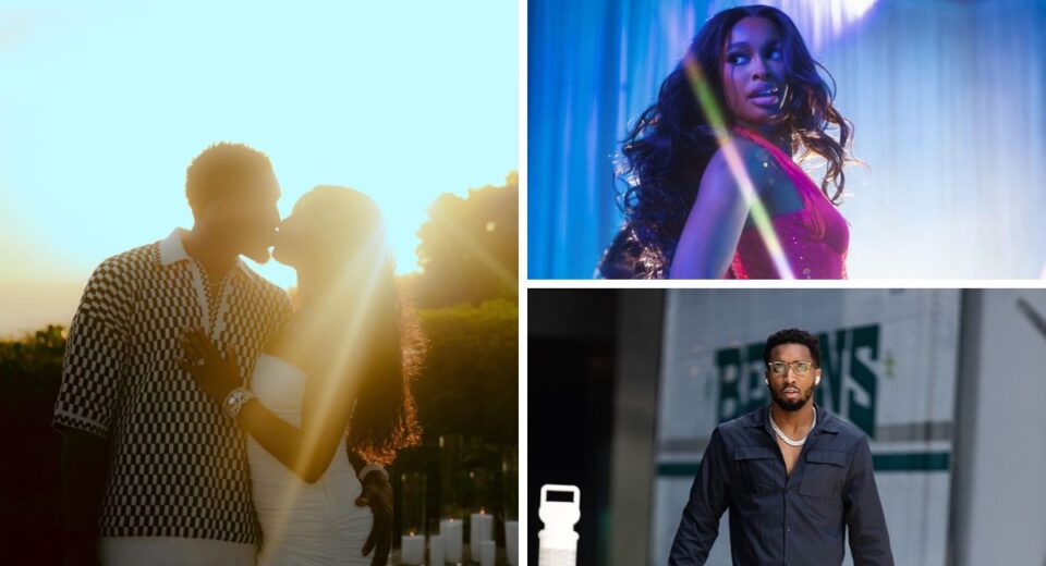 Coco Jones and Donovan Mitchell kiss at sunset, with solo shots highlighting their engagement glow