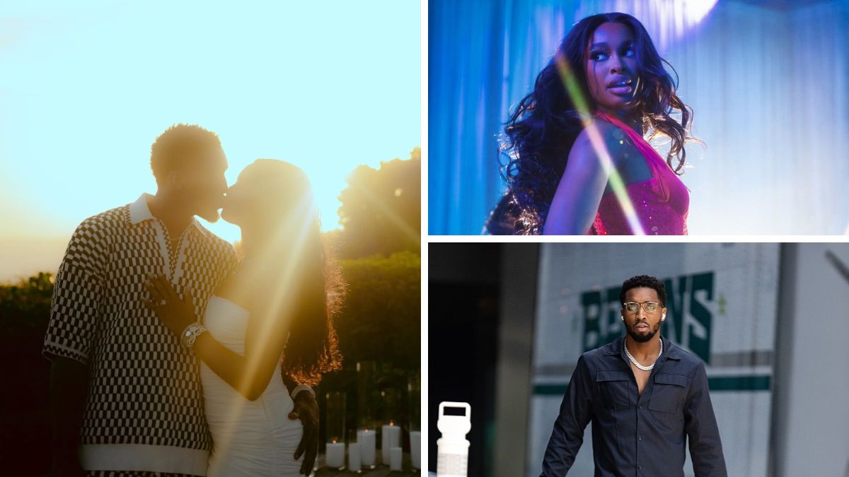 Coco Jones and Donovan Mitchell kiss at sunset, with solo shots highlighting their engagement glow
