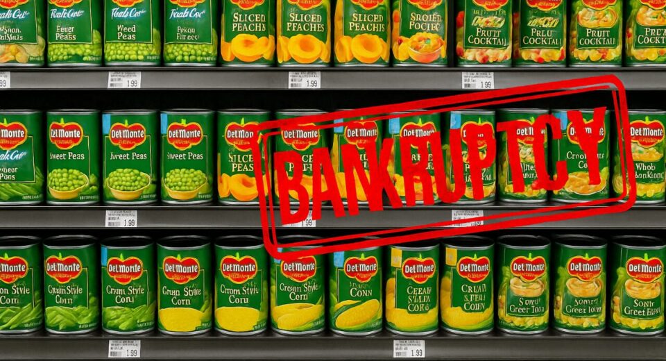 Del Monte canned goods on store shelf with “Bankruptcy” overlay