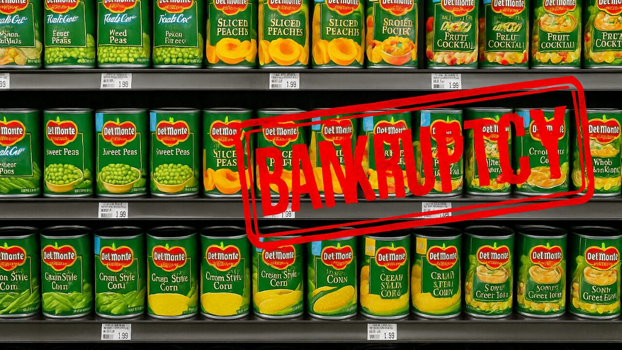 Del Monte canned goods on store shelf with “Bankruptcy” overlay