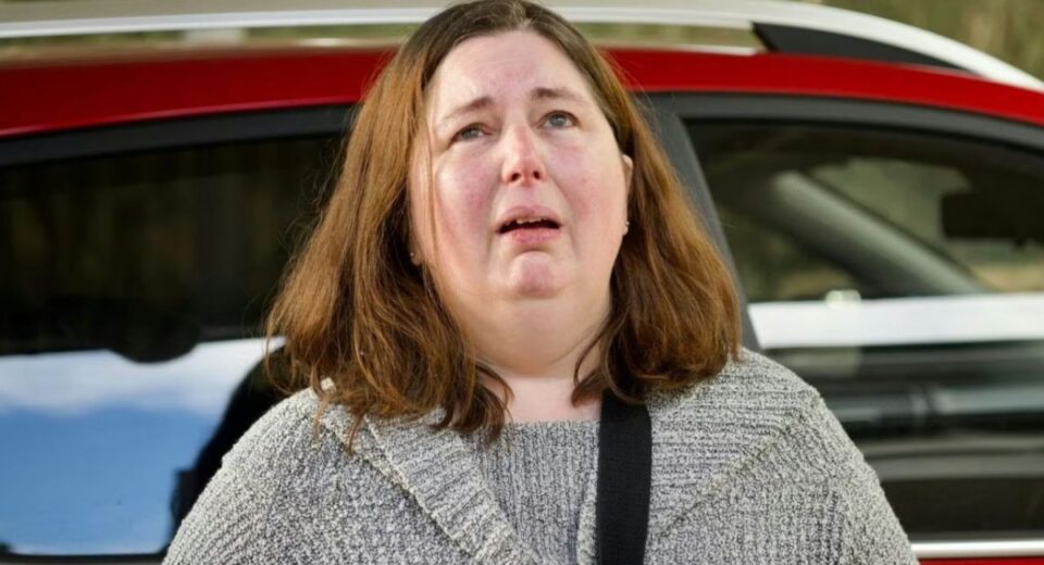 Erin Patterson appearing emotional outside a vehicle before her murder trial verdict.