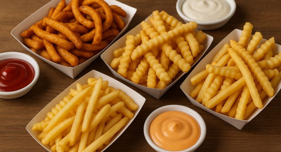An assortment of French fries served in paper trays with dipping sauces on a wooden table