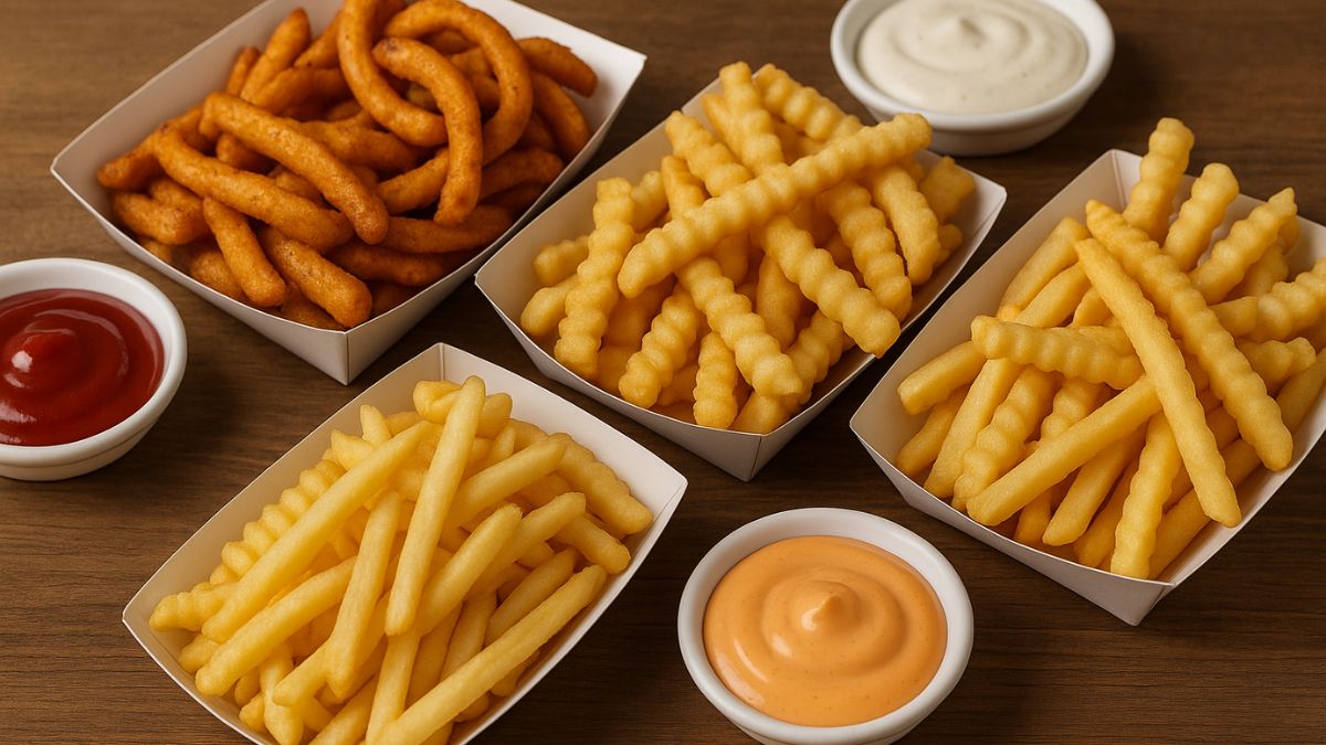 An assortment of French fries served in paper trays with dipping sauces on a wooden table