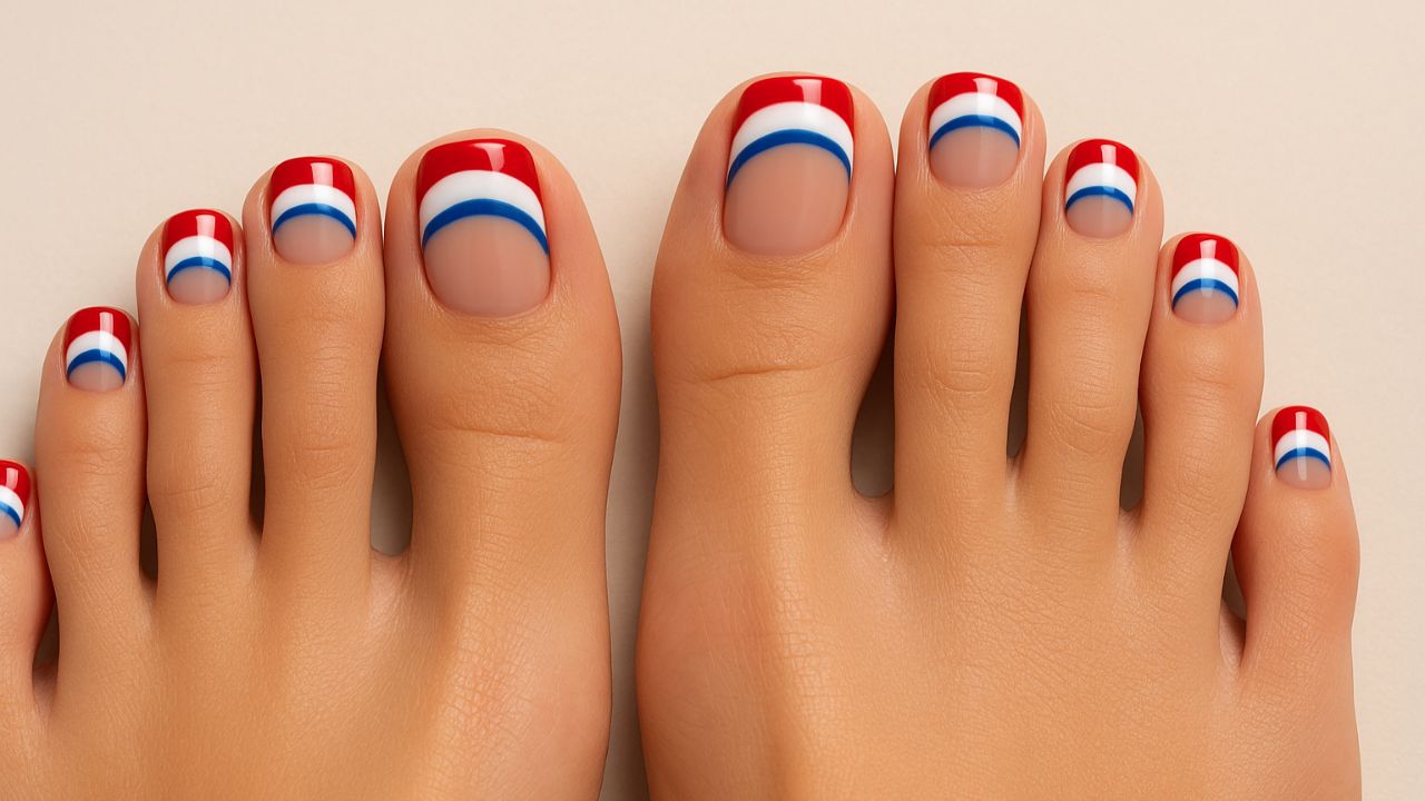 Red, white, and blue French tip toenail design for 4th of July