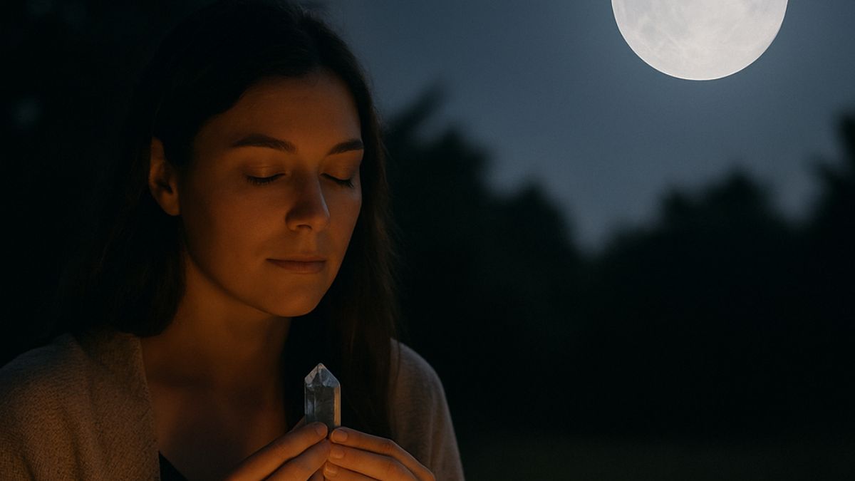Woman holding a crystal under the full moon during a manifestation ritual