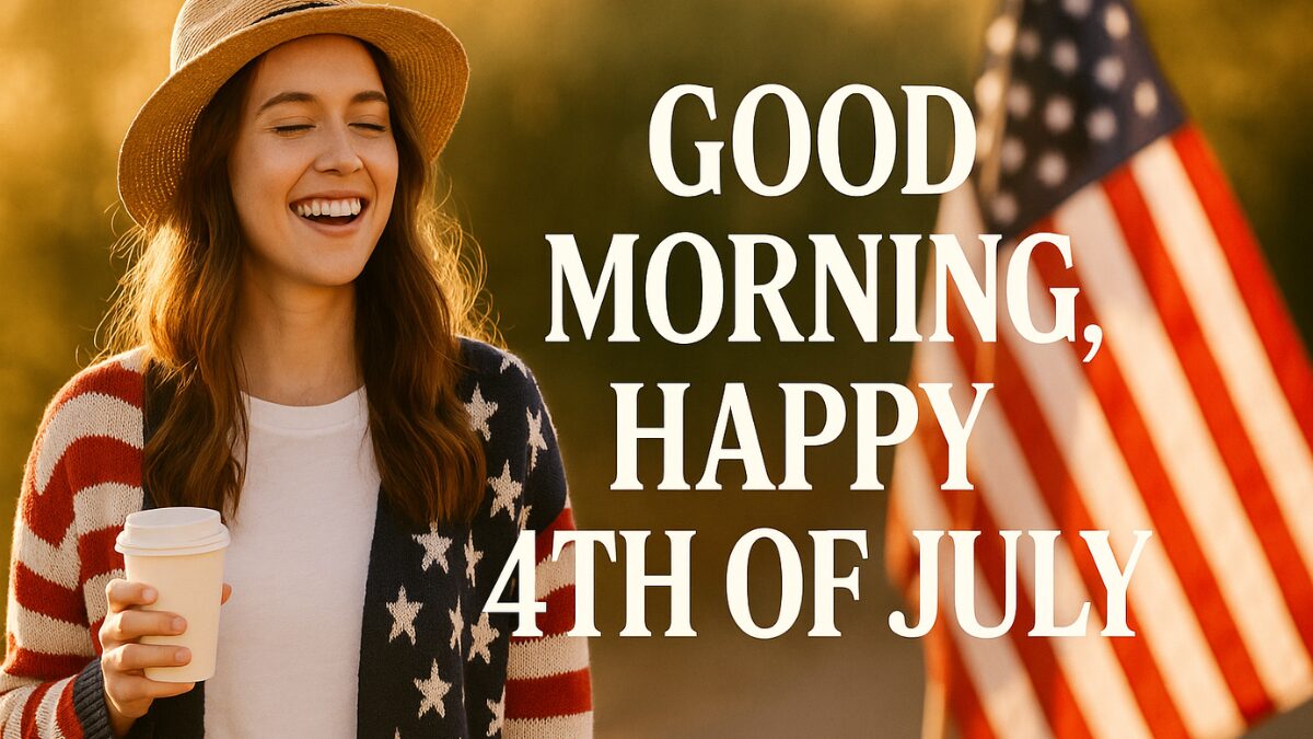 American woman holding coffee in red-white-blue outfit with "Good Morning, Happy 4th of July" text overlay