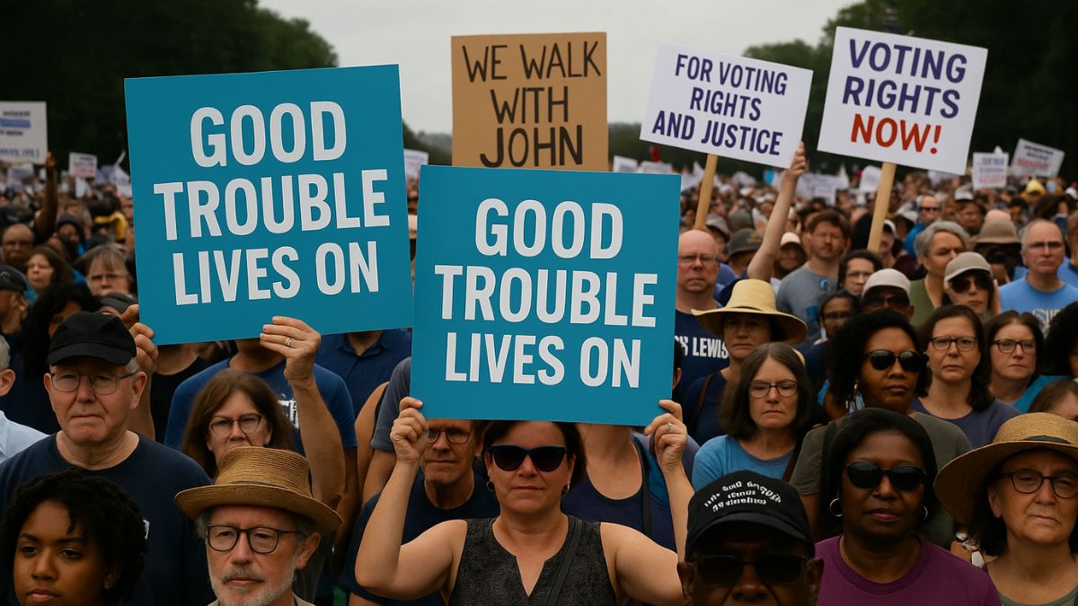 Protesters holding “Good Trouble Lives On” signs at a nationwide rally honoring John Lewis.