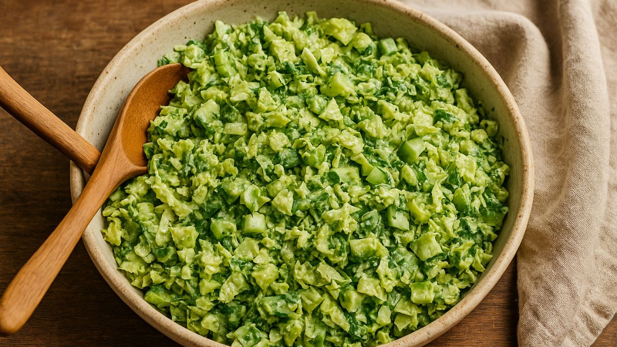A high-resolution photograph showcases Green Goddess Salad in a rustic ceramic bowl with a wooden spoon, featuring chopped cabbage, cucumber, and herbs coated in creamy green dressing.