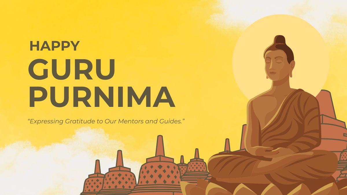 Illustration of Lord Buddha meditating with Guru Purnima message