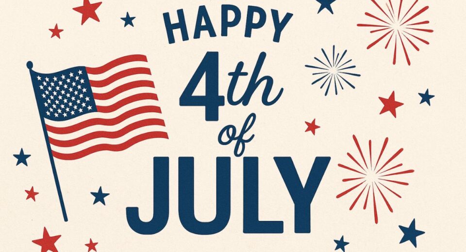 Happy 4th of July message with American flag, fireworks, and red-blue stars on vintage background