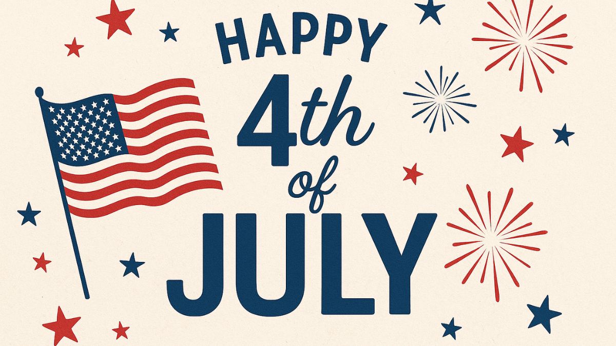 Happy 4th of July message with American flag, fireworks, and red-blue stars on vintage background