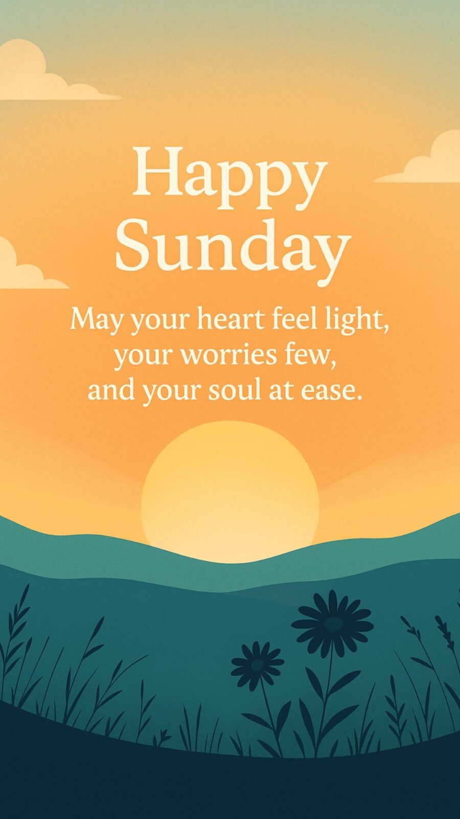 Peaceful Happy Sunday Quote Image Happy Sunday message with sunrise and floral field illustration