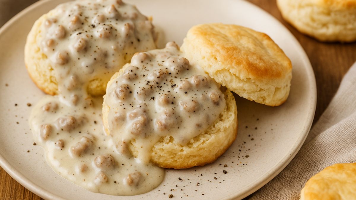 Homemade sausage gravy served on fluffy biscuits with cracked pepper on top