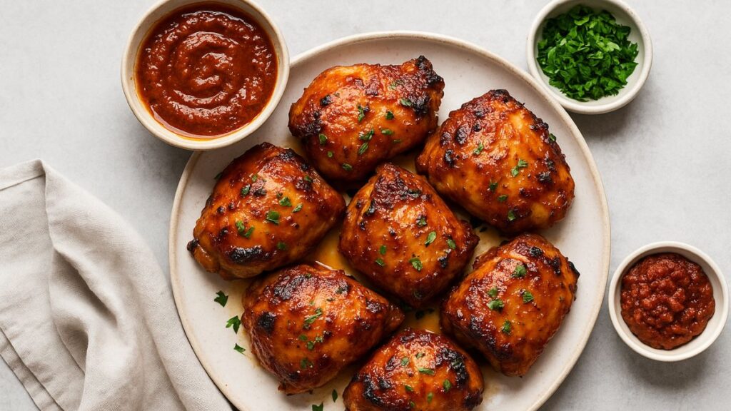 image of honey harissa chicken thighs glazed with a sweet-spicy sauce, garnished with parsley and served with harissa paste in a rustic setting.