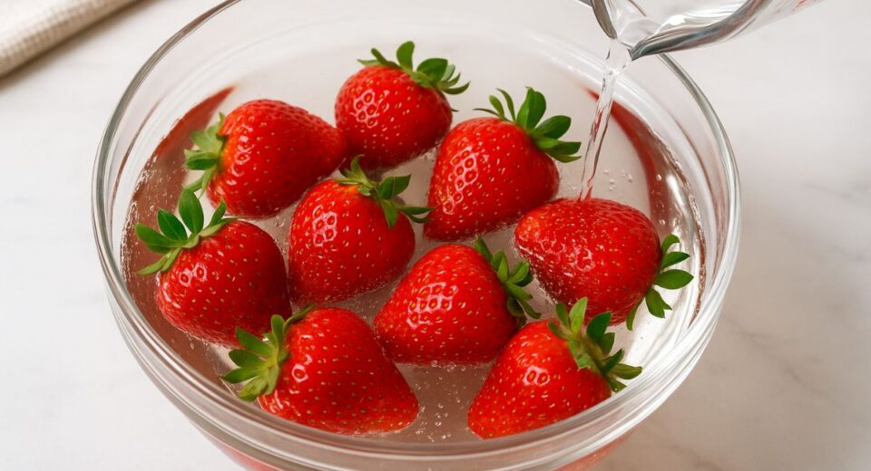Fresh strawberries being washed in a vinegar and water solution