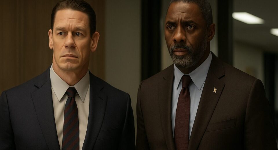 John Cena and Idris Elba looking unimpressed in Heads of State
