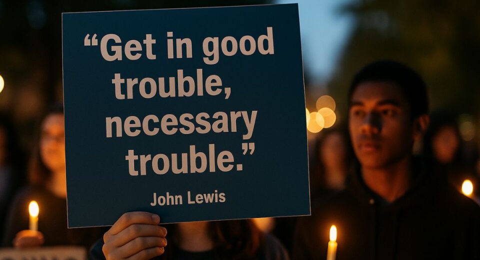A protester holds a sign with a John Lewis quote: “Get in good trouble, necessary trouble.”