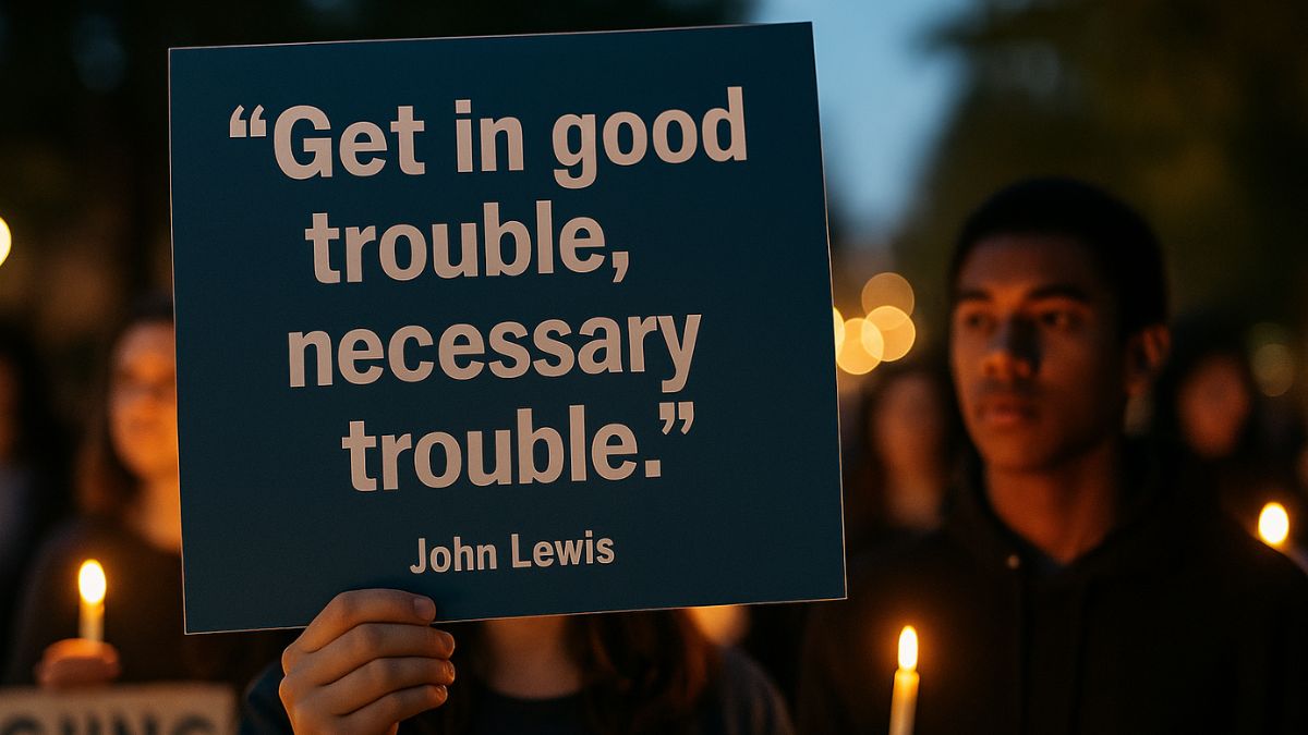 A protester holds a sign with a John Lewis quote: “Get in good trouble, necessary trouble.”
