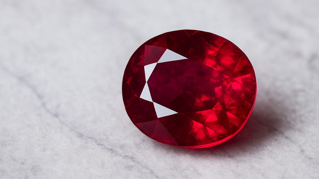 Close-up of a polished ruby gemstone on marble
