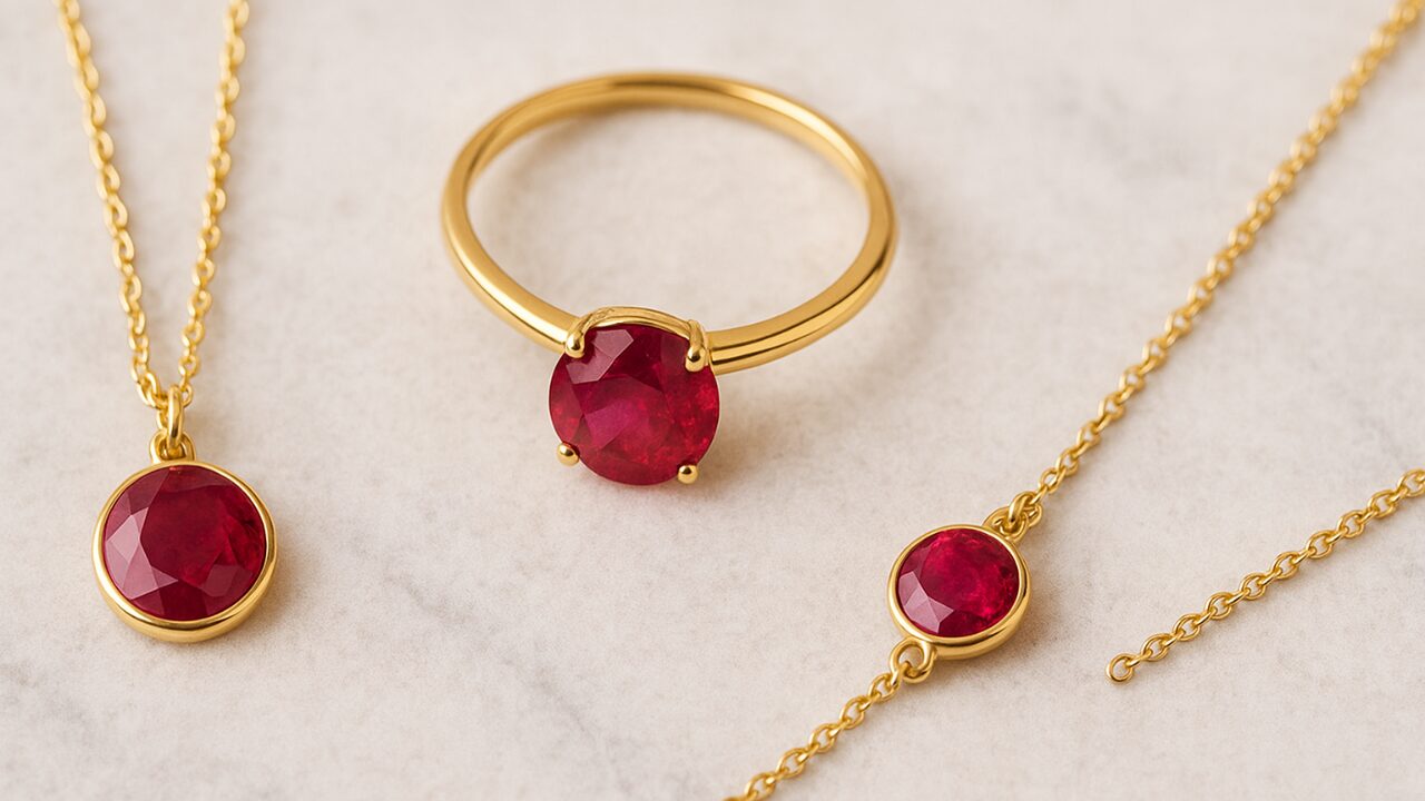 Ruby necklace, ring, and bracelet on a marble surface
