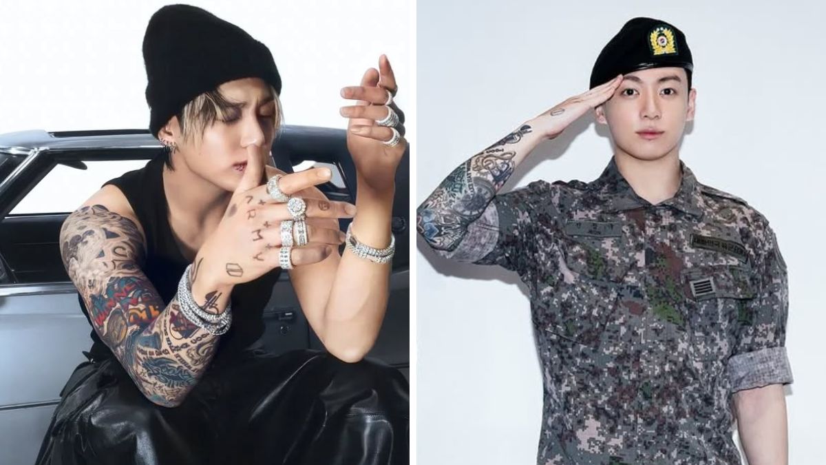 BTS Jungkook showing tattoos in casual outfit and military uniform