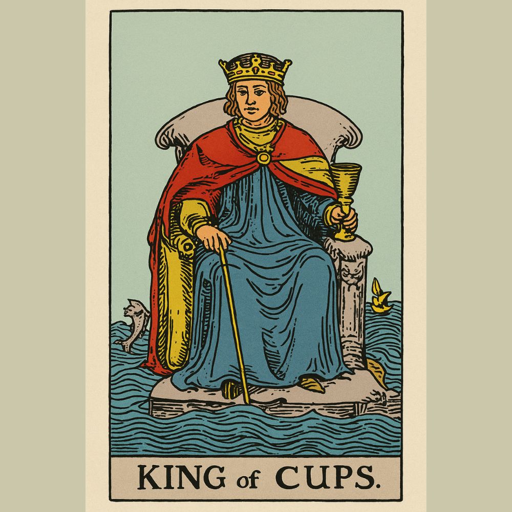 King of Cups tarot card illustration showing a calm figure seated on a throne by the sea