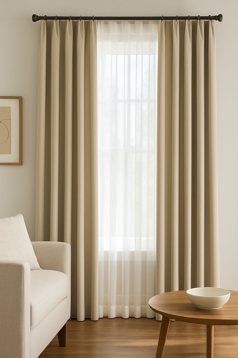 Layered curtains with sheer white and solid beige panels in a cozy, modern living room