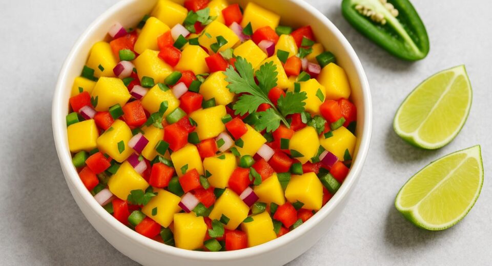 Bowl of vibrant mango salsa with cilantro, lime, and jalapeño
