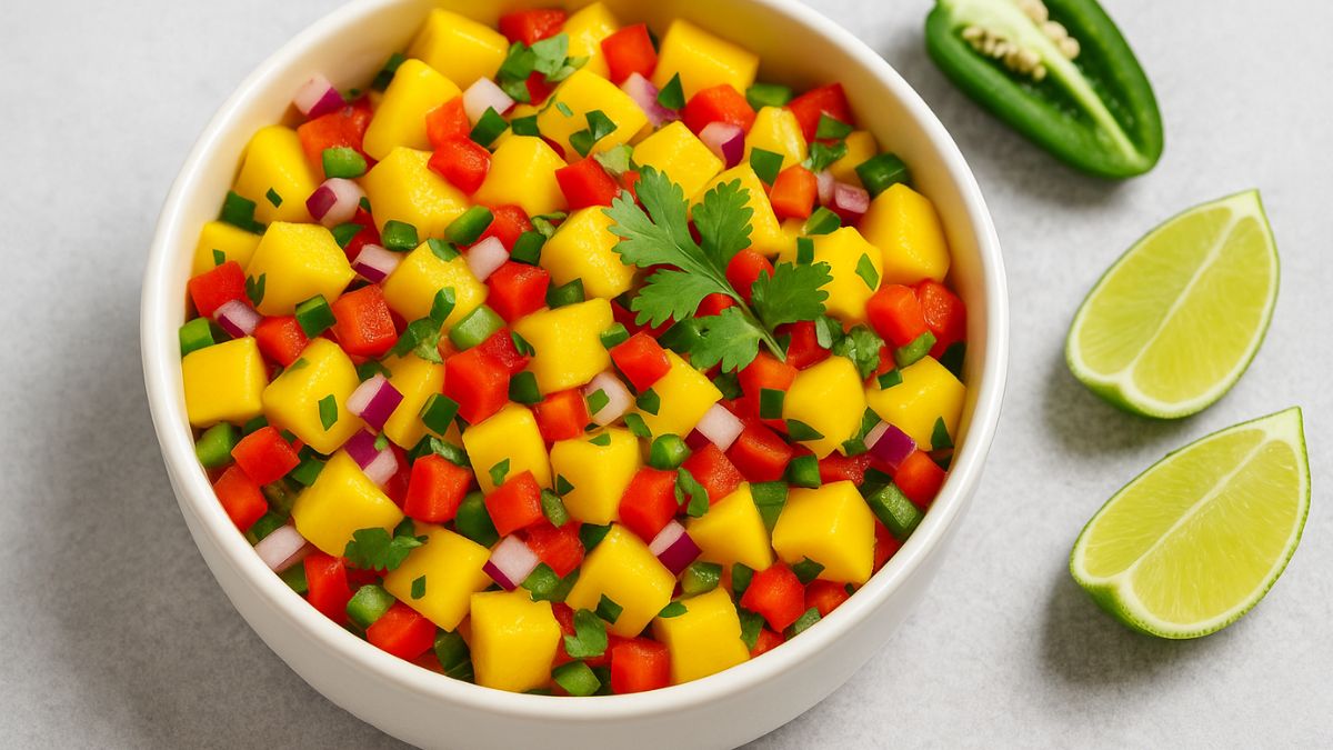 Bowl of vibrant mango salsa with cilantro, lime, and jalapeño